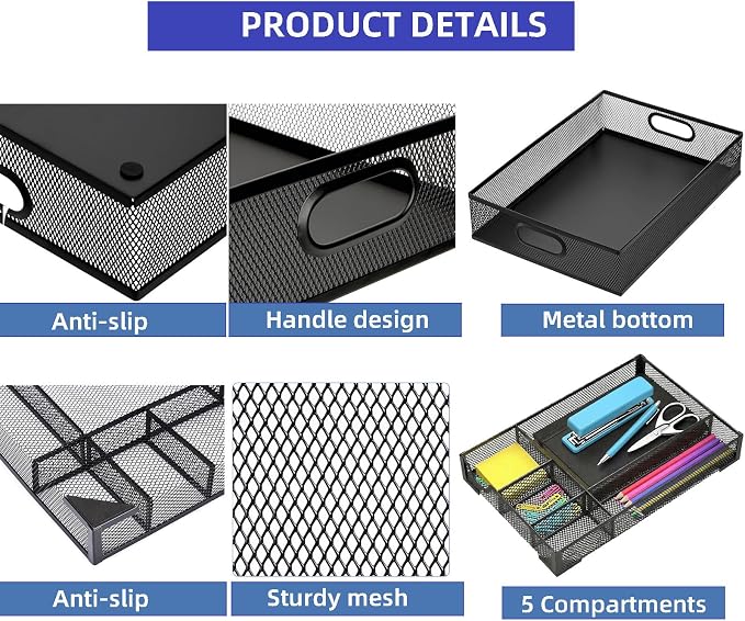 2 Pack Desk Drawer Organizer, Metal Mesh Drawer Organizer Tray for Office Home Supplies