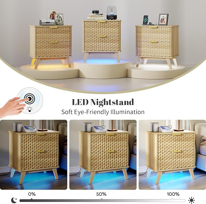Smart Nightstand with Charging Station and LED Lights, Natural Oak | 23.62" Wide Night Stand with 2 Drawers, Motion Sensor Motion-Activated Underlight, Honeycomb Bedside Table for Bedroom