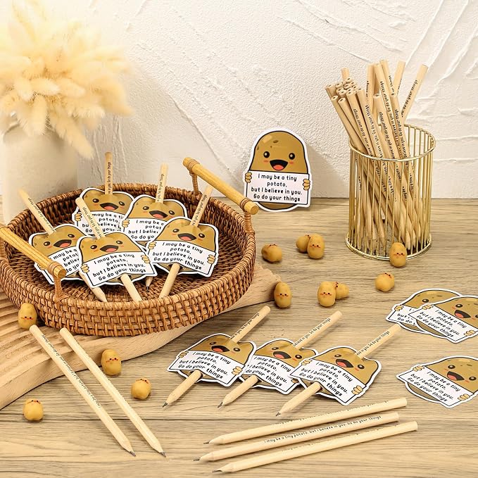 Jetec 100 Sets Inspirational Potato Pencil with Erasers and Thank You Card