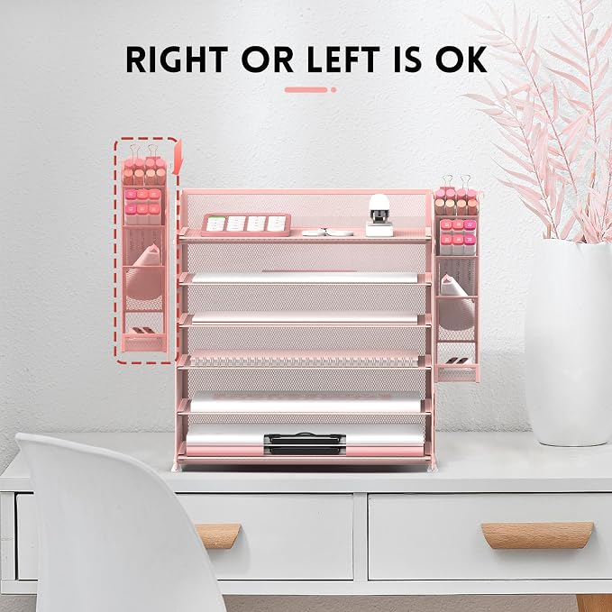 6 Tier Desk Organizer with 4 Pen Holders & Mesh Paper Trays Pink | 6 Tiers Paper Organizer, File Organizer Letter Tray with Handle for A4 Files, Folders, Mail and Office Supplies