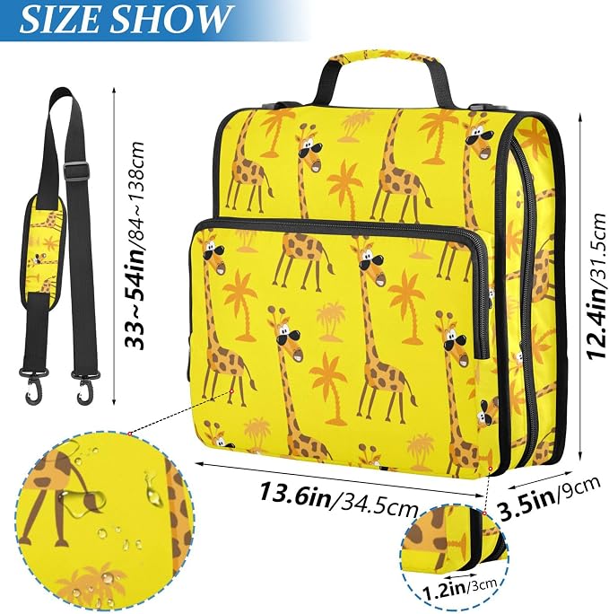 Fisyme Tropical Funny Giraffe Zipper Binder 3 Ring with Zipper and Shoulder Strap Large Capacity Multi-Pocket Binder Organizer