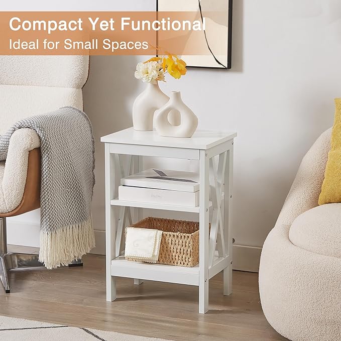 VECELO End Table Set of 2, Bedside Table, 24" Tall Living Room End Tables, X-Design Reinforced Nightstands, Side Table with 3-Tier Storage Shelves for Small Spaces, Office, Bathroom, Bedroom, White