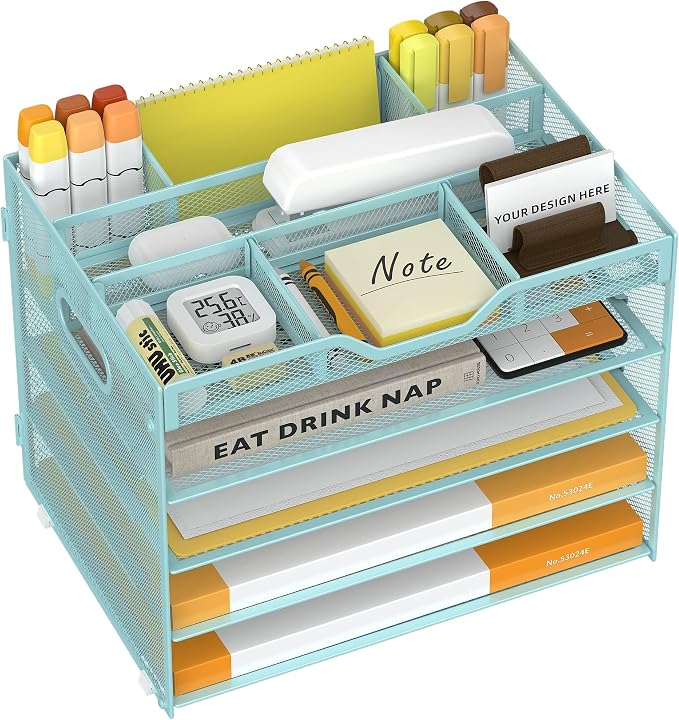 5 Tier Paper Letter Tray Desk Organizer with Pen Holders - Blue | Features 3 pen holders and 4 removable dividers.Versatile mesh desktop storage for mail, document,office supplie