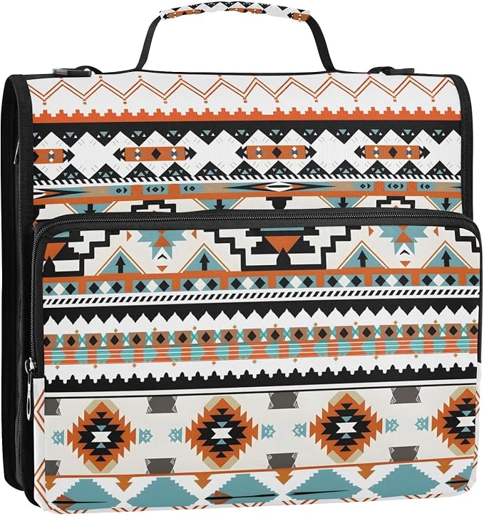 Aztec Indian Paisley Western Zipper Binder Bag 3 Ring Binder with Shoulder Strap Zip Up 500 Sheets Capacity Multi Pockets for School Office Supplies