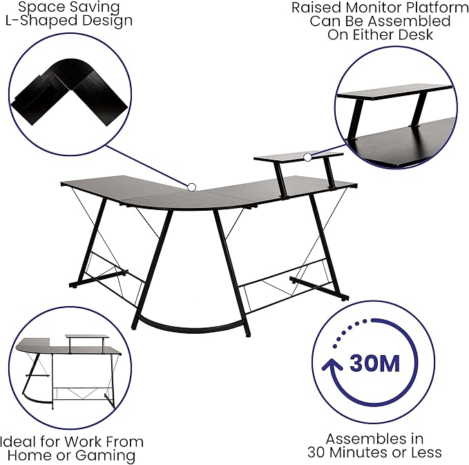 Flash Furniture 71.5 in L-Shaped Corner Computer Desk, Black | Gaming Desk, Space Saving, Easy to Assemble