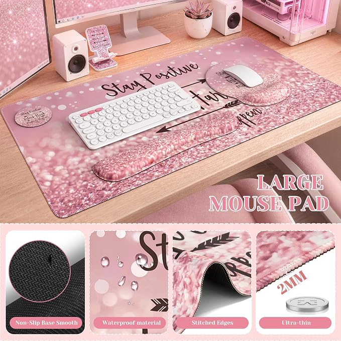 iCasso Pink Ergonomic Mouse Pad with Wrist Rests Set for Desk Accessories