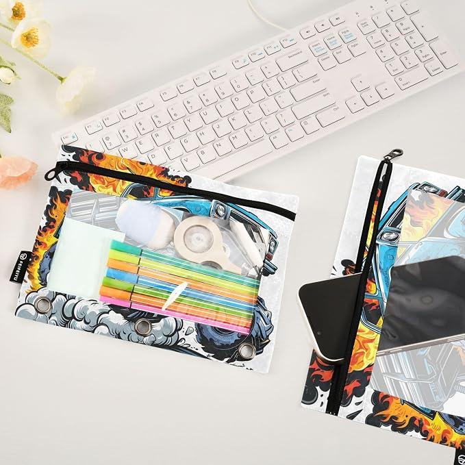 Truck Fire Pencil Pouch for 3 Ring Binder, 2 Pack Waterproof Pencil Bags Clear Window Zipper School Office Supplies
