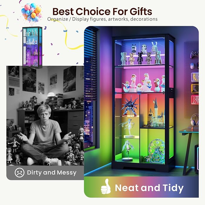 7-Tiers 71" Tall Display Cabinet with Glass Doors & Human Body Sensor-Black | 71inch Tall, 7+5 Color Lights, Fits Different Height Collectibles, Safety Lockable Keys, 4mm Thickened Glass, Easy Assembly