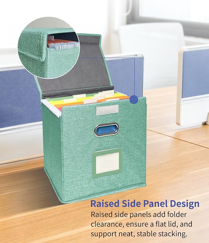 4 Pack Hanging File Folder Box with Lid, Durable Letter Size Filing Storage Box, Sturdy File Holder with Cardboard Support PVC Rails for Office Home Organizer, Green