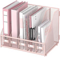 Desk Organizers Metal Desk Magazine File Holder with 5 Vertical Compartments Rack File Organizer for Office Desktop, Classroom, Home Workspace, Pink Plus