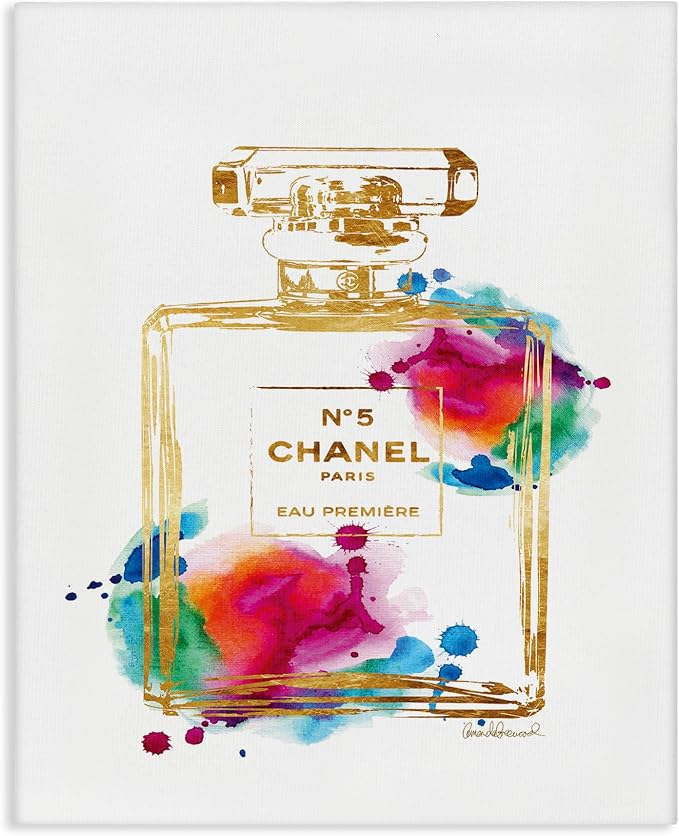 Stupell Industries Fashion Perfume Gold Rainbow, Design by Amanda Greenwood, Gallery Wrapped Canvas, 36 x 48 | Stupell Industries · By Amanda Greenwood · Ready to hang · Chic decor for bedroom or dressing room · Made in USA