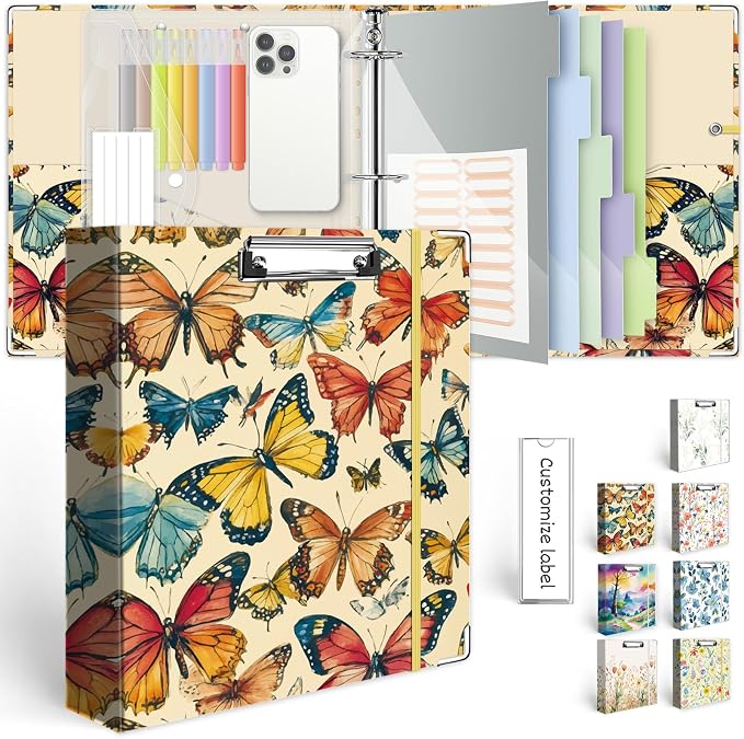 3 Ring Binder 2 Inch for 8.5"x11" Paper, Three Ring Binders with Clipboard, 5 Dividers with Tabs and Pockets, Decorative Binder with Pen Holder,Butterfly