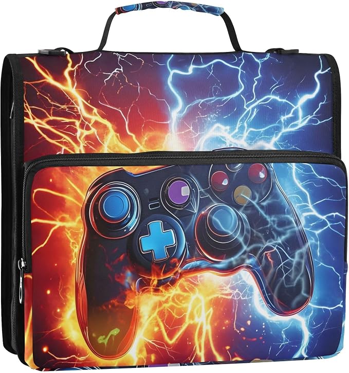 Game Controller Fire Electric Spark Zipper Binder Bag 3 Ring Binder with Shoulder Strap Zip Up 500 Sheets Capacity Multi Pockets for School Office Supplies