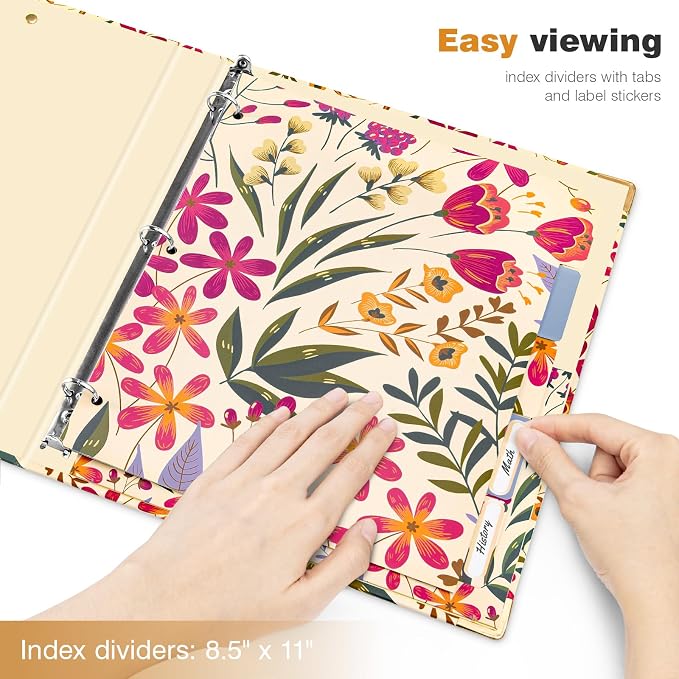 Ospelelf 3 Ring Binder, 1/2 Inch, Cute Floral Binder for Letter Size (11" x 8.5") with 5 Tab Dividers, File Folder Labels and Low Profile Clipboards