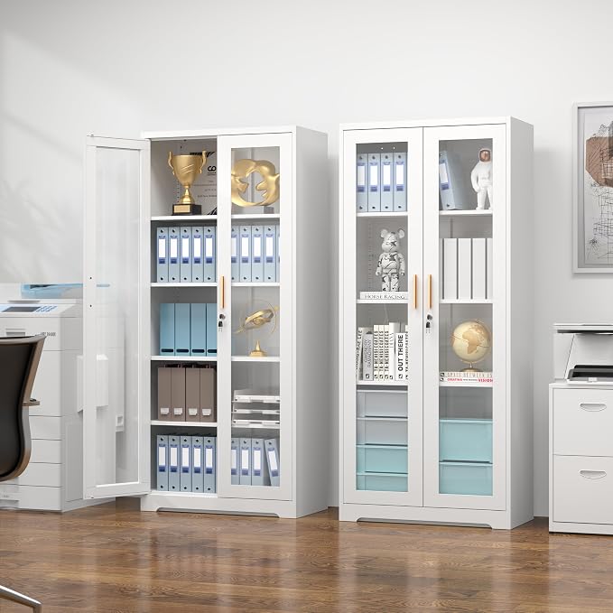 Polup 71" White Metal Glass Display Cabinet with Security Lock | 5-Tier Curio Case & Tempered Doors, 4 Adjustable Shelves, Heavy-Duty China Storage for Living Room, School & Commercial