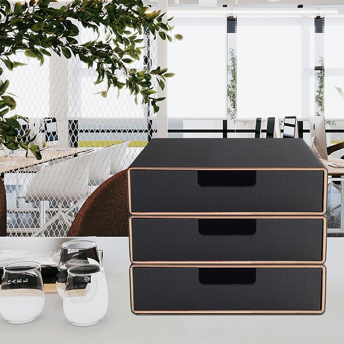 PU Leather Stackable Organizer Drawer,Executive Office Supplies Desktop Filing A4 File Cabinet/Holder for Jewelry/Bill/Paper/Documents/Makeup Home Decor Stationery Storage Box,Black