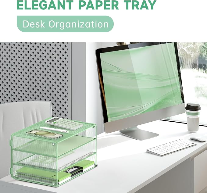 DALTACK 3 Tier Letter Tray Paper Organizer with Sliding Trays Mint Green | Metal Mesh File Organizer with Sliding Trays for Letter and A4 Paper, Mail, Bills, Folders and Office Documents