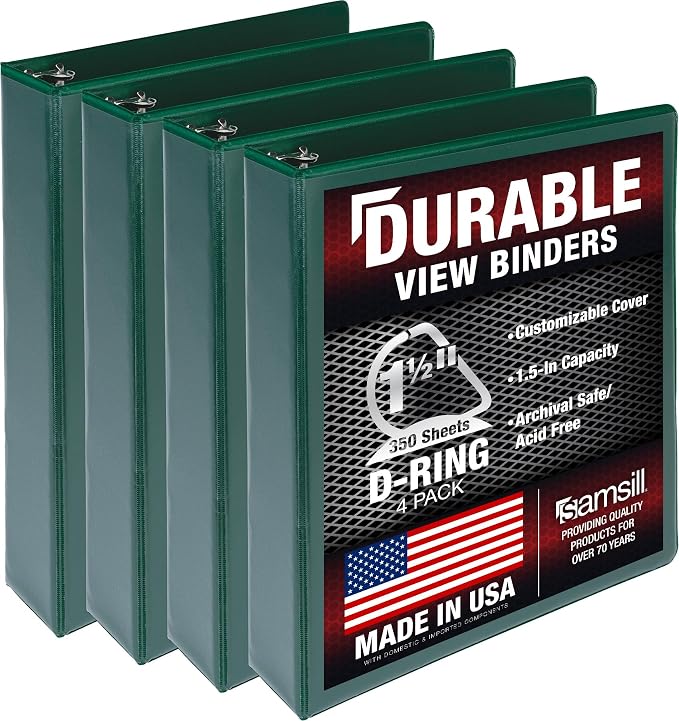 Samsill Durable 1.5 inch 3 Ring Binder, D Ring Binder, 100% Recycled Chipboard, Green, 4 Pack