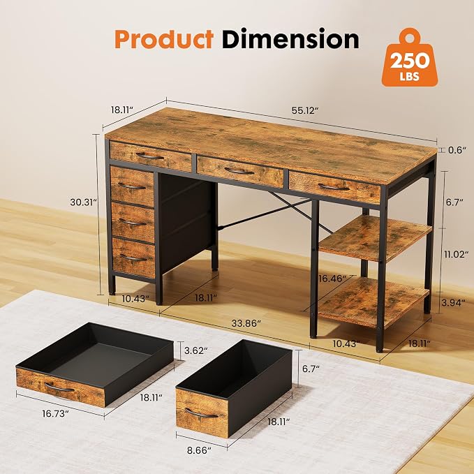 OLIXIS 55 Inch Computer Desk with 6 Fabric Drawers, for Home Office Work | 6 Fabric Drawers & Reversible Gaming Desk, Office Workstation, Corner Desk with Storage, Home Office,Living Room,Dorm, Brown