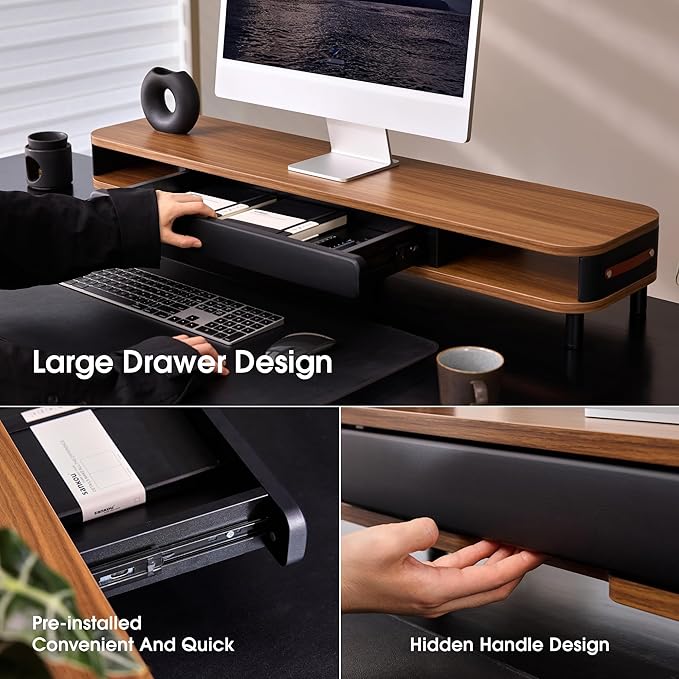 Fenge Dual Monitor Stand with Large Storage Drawer, 42.5" Dsek Shelf, Brown | Slide-Out Drawer with Soft Touch Leather, Ergonomic Monitor Riser, Aluminum leg, 2-Tier Desk Organizer for Laptop, TV, PC