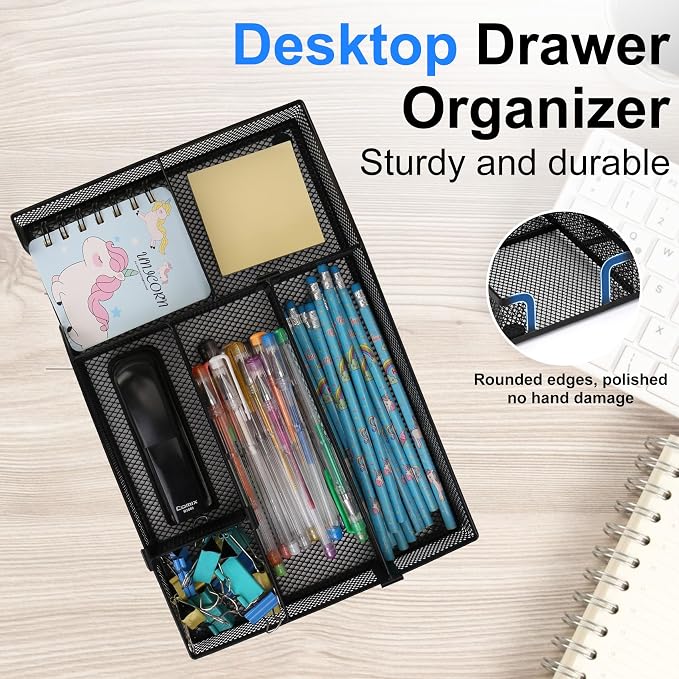 Desk Organizer, Desk Drawer Organizer Tray with Adjustable Dividers, Black Desktop Metal Mesh Office Desk Organizer, Stackable Multifunctional Pen Organizer for Office School Home Makeup Supplies (1)
