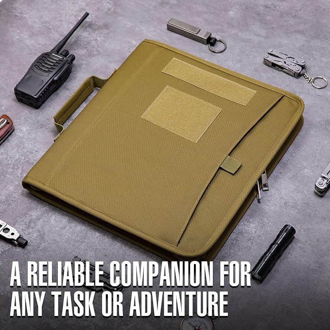 Kosibate Tactical Padfolio Portfolio Binder with Zipper and 25 Sheets of Letter Size Paper,Notebook Cover,Tactical Notebook with Zippered for Folders,Detachable 3-Ring Binder(A4,Khaki,13.5X 11.5Inch)