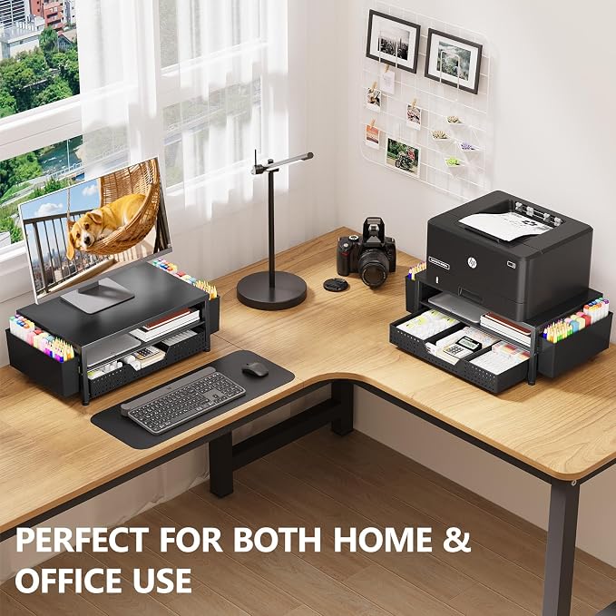 Desk Organizers and Accessories, Computer Monitor Stand Riser with Drawer and 2 Pen Holders, Printer & Laptop Stand, Office Desk Accessories & Workspace Organizers for Home Office Supplies, Black 2-Pack
