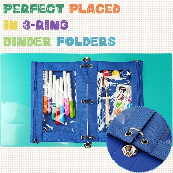 Marspark 30 Packs Pencil Pouch 3 Ring Binder Pen Pouch Cloth Pencil Pouches Zipper Pen Case Bag with Clear Window for Office Writing Supplies Gifts (10 Color)