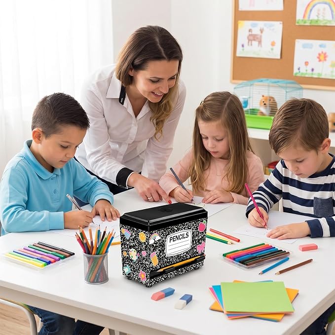 Composition Pencil Dispenser for Classroom Back to School Decorations Composition Notebook Pencil Dispenser Holder with Lid for Teacher Student Classroom Home Office Middle Preschool Gift Supplies