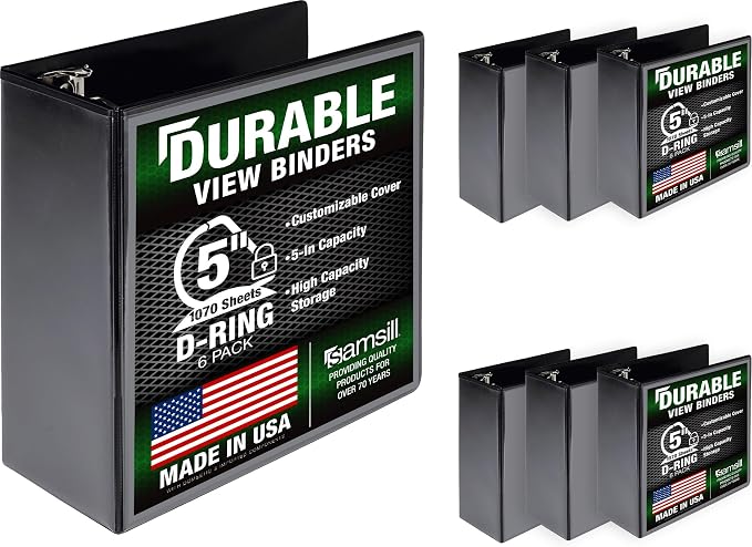 Samsill Durable 5 Inch 3 Ring Binder, D Ring Binder, Customizable Clear View, Black, 6-Pack, Holds 1070 Pages