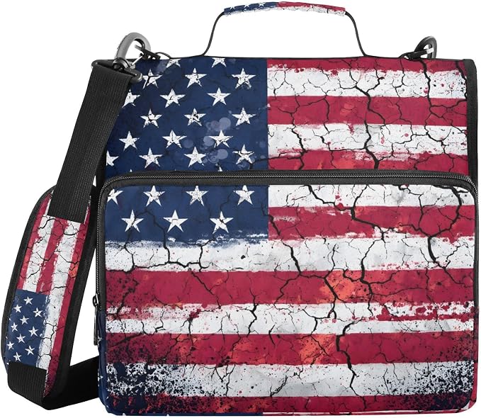 Retro American Flag 3 Ring Binder Bag 1.5 inch Binder Organizer with Zipper Shoulder Strap 500 Sheet Documents Storage for School Office