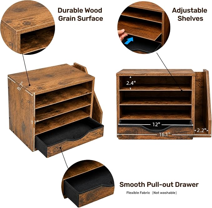 Wooden Desk Organizer with Drawers, Office Paper Mail and Organizer Wood | Four adjustable shelves and a 12-inch drawer organize papers, mail, folders, notebooks, and everyday office supplies.