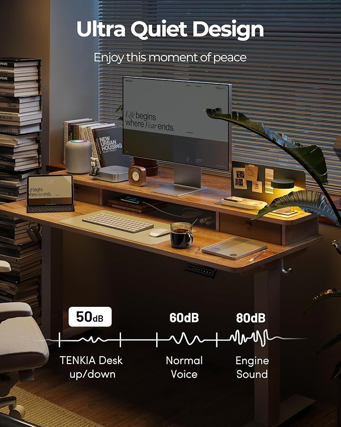 48x24 Inch Electric Standing Desk with Double Drawers, Adjustable Feet & Hooks, Ergonomic Home Office Workstation, Maple