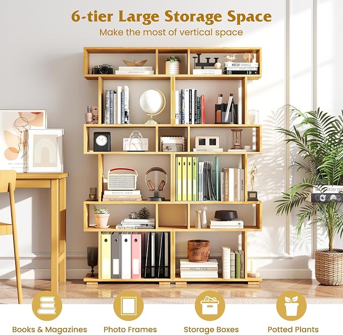 Tangkula 6-Tier S-Shaped Bookshelf, 64" Freestanding Geometric Bookcase, Home Office Wood Storage Shelf with Anti-Toppling Device, Room Divider Display Rack for Study, Living Room (2, Burlywood)
