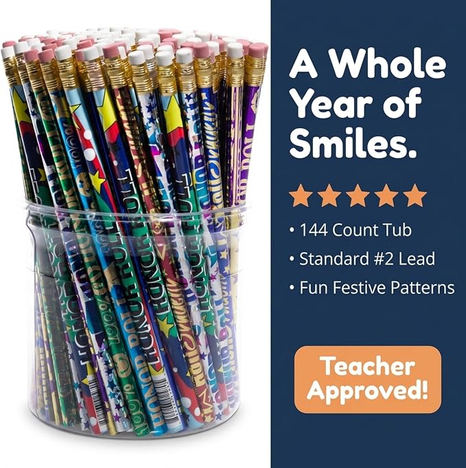 Anderson's Honor Roll Pencil Tub, Fun & Colorful Pencils, Perfect for School Supplies, Classroom Rewards, Creative Writing, Party Favors, and Motivational Gifts, Set of 144