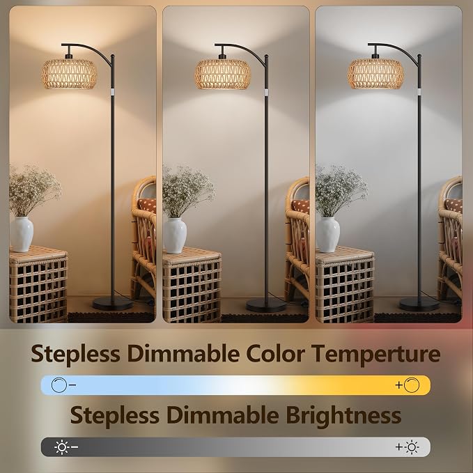ROTTOGOON Rattan Floor Lamps for Living Room, Boho Standing Lamps with Rattan& Linen Double Shades, Arc Lamps Floor Standing with 9W Bulb, Foot Switch, Bohemian Floor Lamps for Bedroom, Office-Black