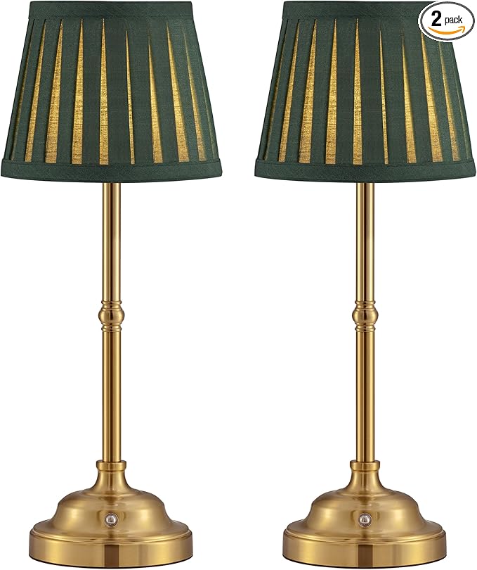 KDG Gold Cordless LED Table Lamps Set of 2, Green Fabric Shade Desk Lamps | Portable 4000mAh Rechargeable Battery Powered, Dimmable Lighting for Dining Room, Bedroom, Bedside, Night Light, Balcony