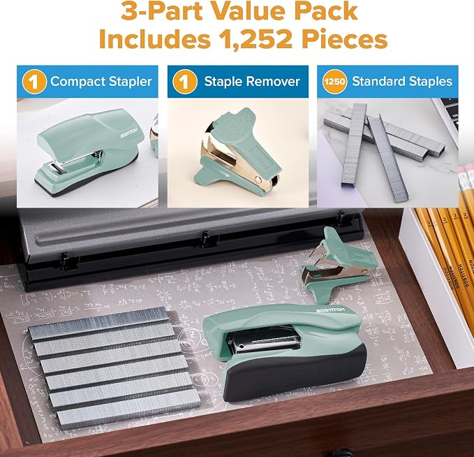Bostitch Heavy Duty Stapler Value Pack, 40 Sheet Capacity, Sage | Half-strip, flat-clinch design opens fully for tacking bulletin boards; includes a staple remover and 1250 staples.