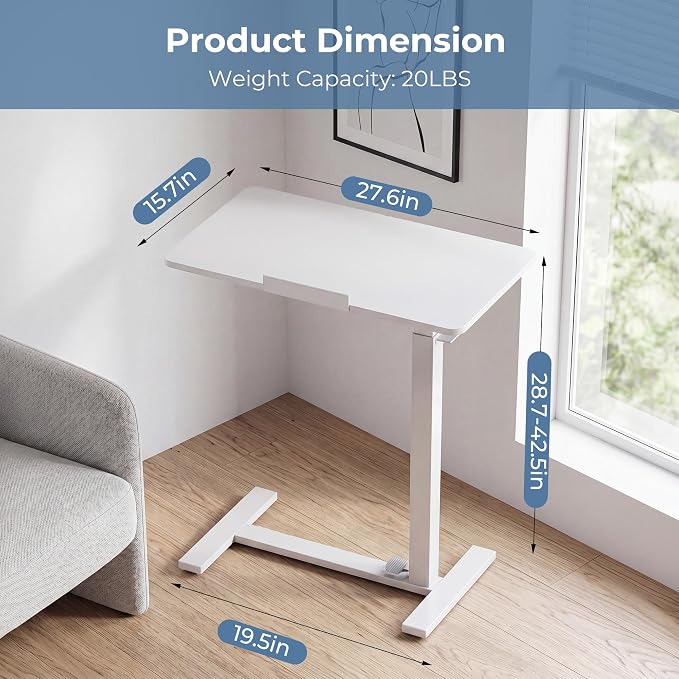 DUMOS Adjustable Rolling Desk, Standing Desks, Overbed Table | Mobile Hidden Wheels, Portable Laptop Computer Workstation, Bed Sofa Couch Use, Milk