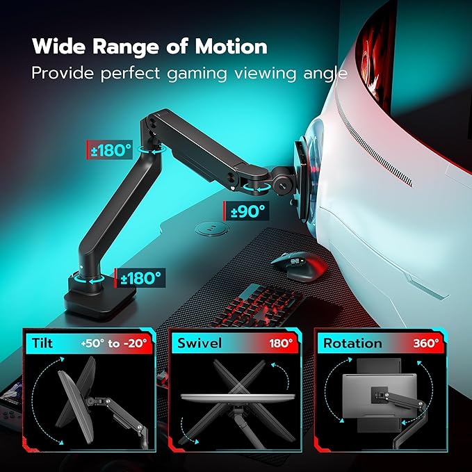 ARES WING Ultrawide Monitor Arm for 17 to 49 Inch Heavy Duty Curved Screen, Holds 44 Lbs, Adjustable Gas Spring Monitor Arm Desk Mount with C Clamp, Grommet Base, 75/100 Vesa Mount, Black