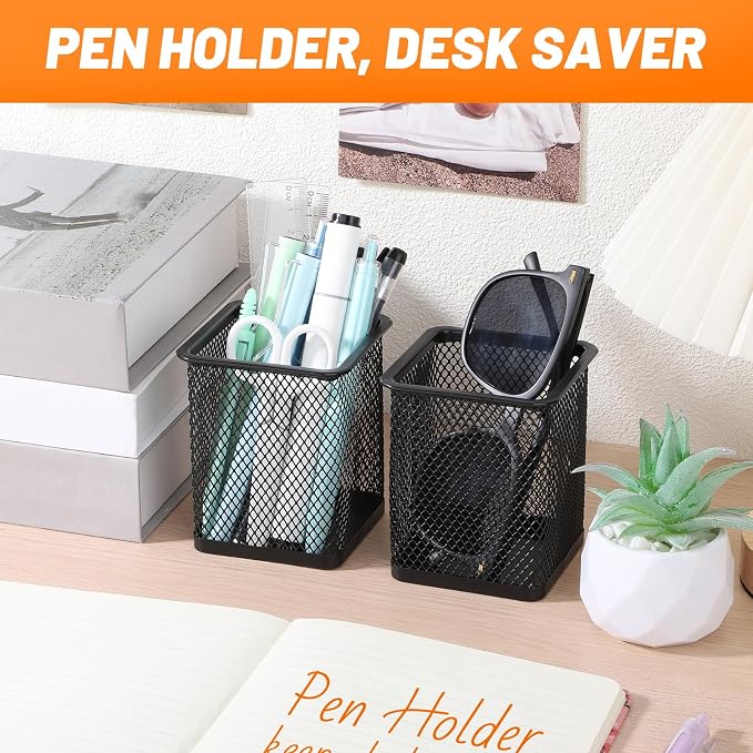 Segarty Pen Cup Holder, 6 Pack Square Black Pen Holder for Desk, Metal Mesh Pencil Cups Bulk for Office Supplies, School Classroom, Desktop Accessories, Makeup Brush