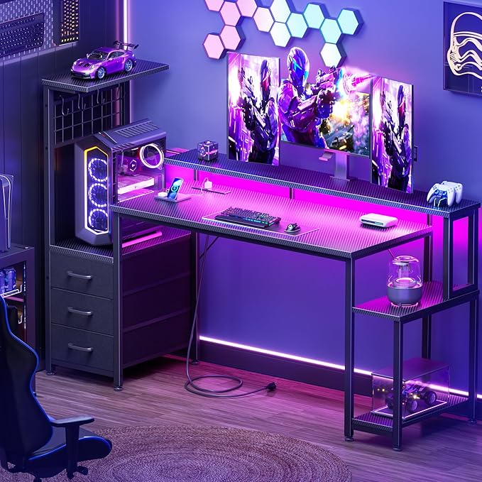 Korfile 55 Inch Gaming Desk with Bluetooth LED Lights & Power Outlets,Computer Desk with Fabric Drawers & Hooks,Reversible Gamer Table with Monitor Stand for Game Room,Home Office,Carbon Fiber Black | Reversible，Computer Desk, Gamer Table, Bluetooth LE...