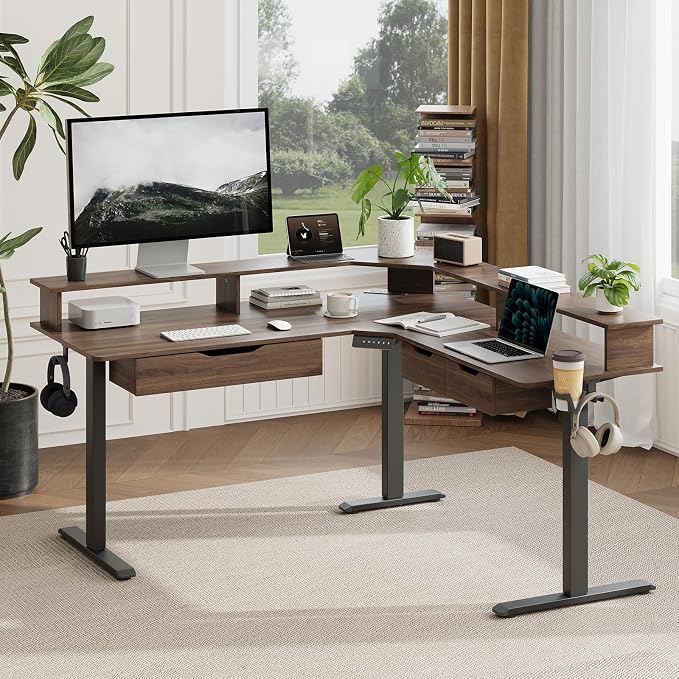 MALOL 59" L Shaped Electric Standing Desk with Drawers, Height Adjustable Desk with Power Outlets & LED Lights, Monitor Stand, Corner Computer Desk for Home Office, Walnut