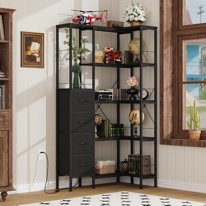 AFLUI Corner Bookshelf with LED Light Strips & 4 Fabric Drawers, 5-Tier Convertible Corner Shelf with Display Shelf, Large Wood Industrial Bookcase for Living Room, Bedroom, Home Office, Black