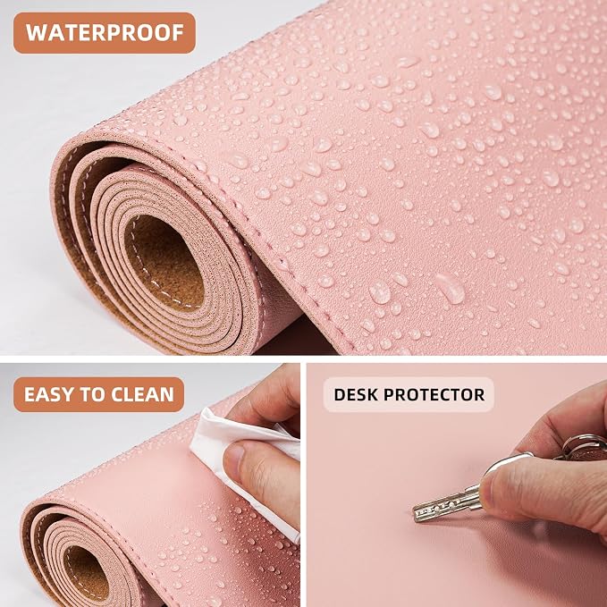 AFIING Leather Desk Pad Protector, Pink, 23.6" x 13.7" | Large Mouse Pad, Dual-Sided PU Leather ,Non-Slip, Waterproof, For Office and Home
