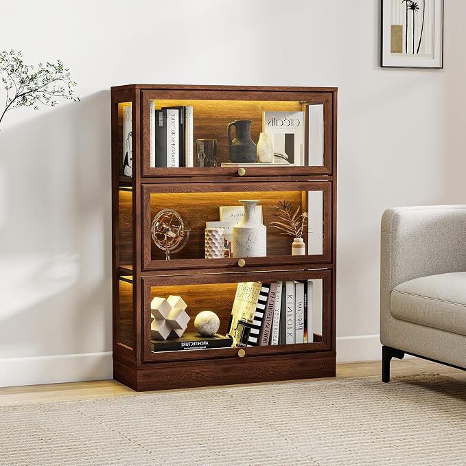 Display Cabinet with Acrylic Glass Doors,3-Tiers Curio Cabinet with LED Lighting for Collectibles, Collectibles Toy Organizers Rack & Display Shelf Display Case Storage Cabinet,Walnut