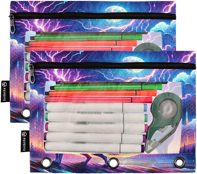 Custom Wolf Howling in Moon Night Pencil Pouch for 3 Ring Binder, 2 Pack Personalized Name Waterproof Pencil Bags Clear Window Pencil Case School Office Supplies