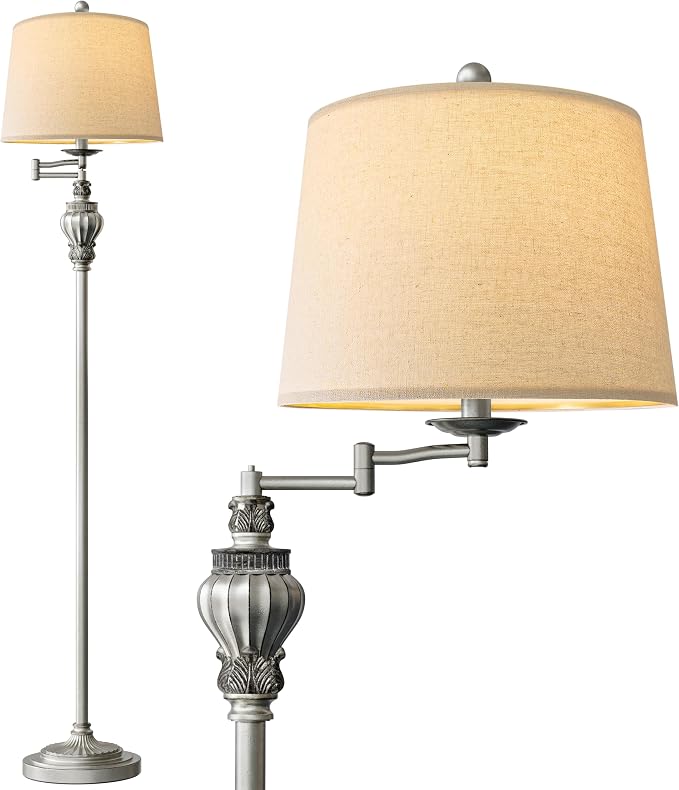 Vintage Floor Lamp with 350° Adjustable Swing Arm 61" Lamps for Living Room | Antique Standing Lamp, Retro Silver Bedroom Floor Lamp, Mid Century Farmhouse Rustic Traditional Brass Tall Swivel Pole Lamp
