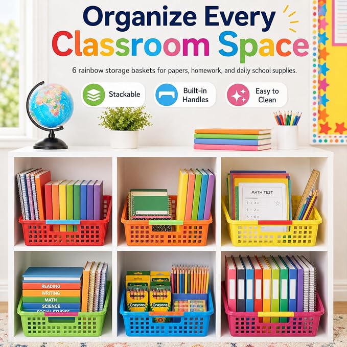 ZZYFGH 6 Pcs Colorful Plastic Classroom Storage Bins, Turn in Trays Classroom for Organizing A4 Papers Trays, Turn in Containers School Teachers Classroom Organization & Storage Supplies