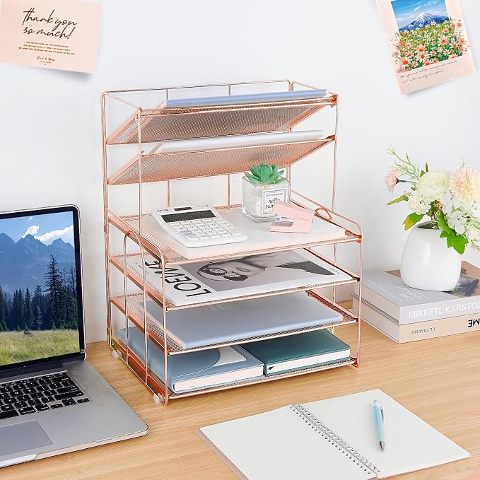 Desk Organizer, 6-Tier Paper Organizer Letter Tray, Rose Gold | Desk Organizers and Accessories, Office Desk Accessories & Workspace Organizers, Desktop File Organizer for Office Supplies